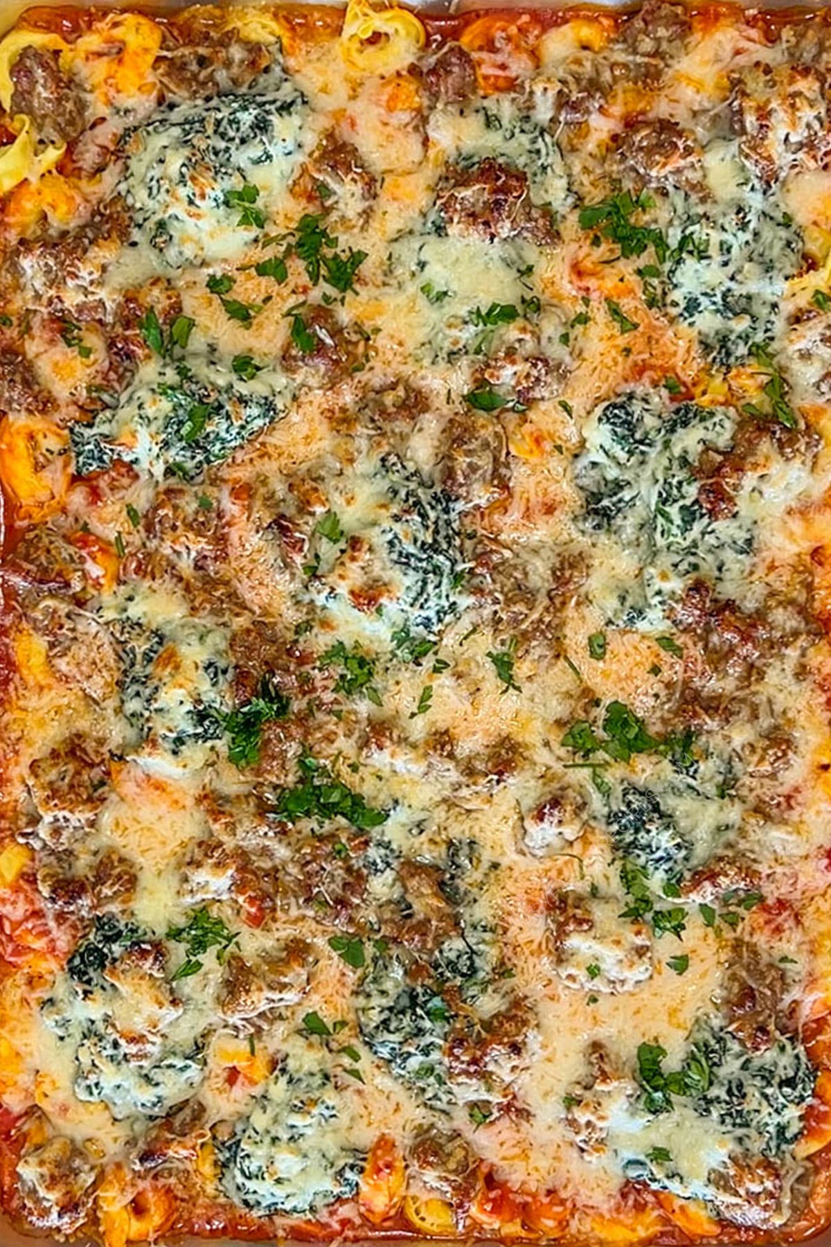 Overhead shot of baked sheet pan cheesy sausage tortellini.