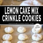 Two photos of lemon cake mix crinkle cookies. Top photo of cookies. One cookie in two halves, stacked. Bottom photo has sheet pan with parchment paper and cookies on top.