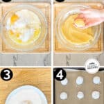 Four photos of the process for making lemon cake mix crinkle cookies. 1. Glass bowl with ingredients. 2. Glass bowl with dough, hand forming into ball. 3. Whit ebowl of powdered sugar with dough ball in middle. 4. Baking sheet with parchment paper and cookies