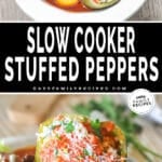 Two images of slow cooker stuffed peppers. Top image is of cooked stuffed peppers inside white crockpot. Bottom image is a stuffed pepper on a white plate with a side salad.