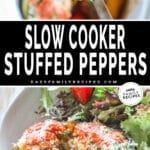 Two images of slow cooker stuffed peppers. Top image is of cooked stuffed peppers inside white crockpot. Bottom image is a stuffed pepper cut in half and on a white plate with a side salad.