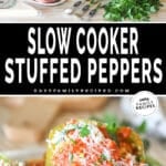 Two images of slow cooker stuffed peppers. Top image includes ingredients and grey slow cooker. Bottom image is plated stuffed pepper with a side salad on a white plate.