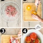 Images of four steps for making slow cooker stuffed peppers. 1. Combine stuffing micture in clear bow. 2. Hollow out bell peppers. 3. Stuff peppers with mixture. 4. Stuffed peppers in white slow cooker with marinara sauce