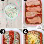 Labeled step by step photos of how to make spinach ricotta chicken bake.