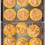 how to make chicken tostadas, 1)add chicken and seasonings to a bowl, 2)layer tostada shells with beans, 3)top with chicken, 4)bake, add toppings, and serve.