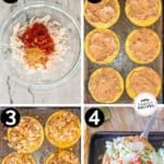 how to make chicken tostadas, 1)add chicken and seasonings to a bowl, 2)layer tostada shells with beans, 3)top with chicken, 4)bake, add toppings, and serve.