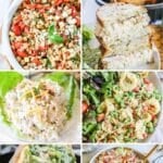 6 photo collage of easy cold dinner ideas: chickpea salad, chicken salad sandwich, pesto tortellini salad, italian grinder salad, chicken caesar sandwich, a scoop of million dollar chicken salad