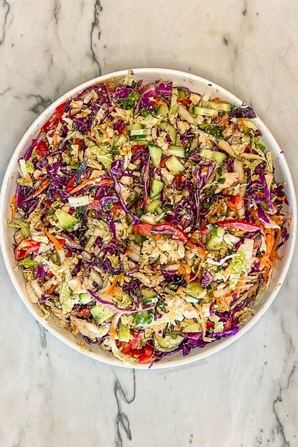 Thai Style Chicken Salad with Peanut Dressing in a large white bowl. On a wooden background