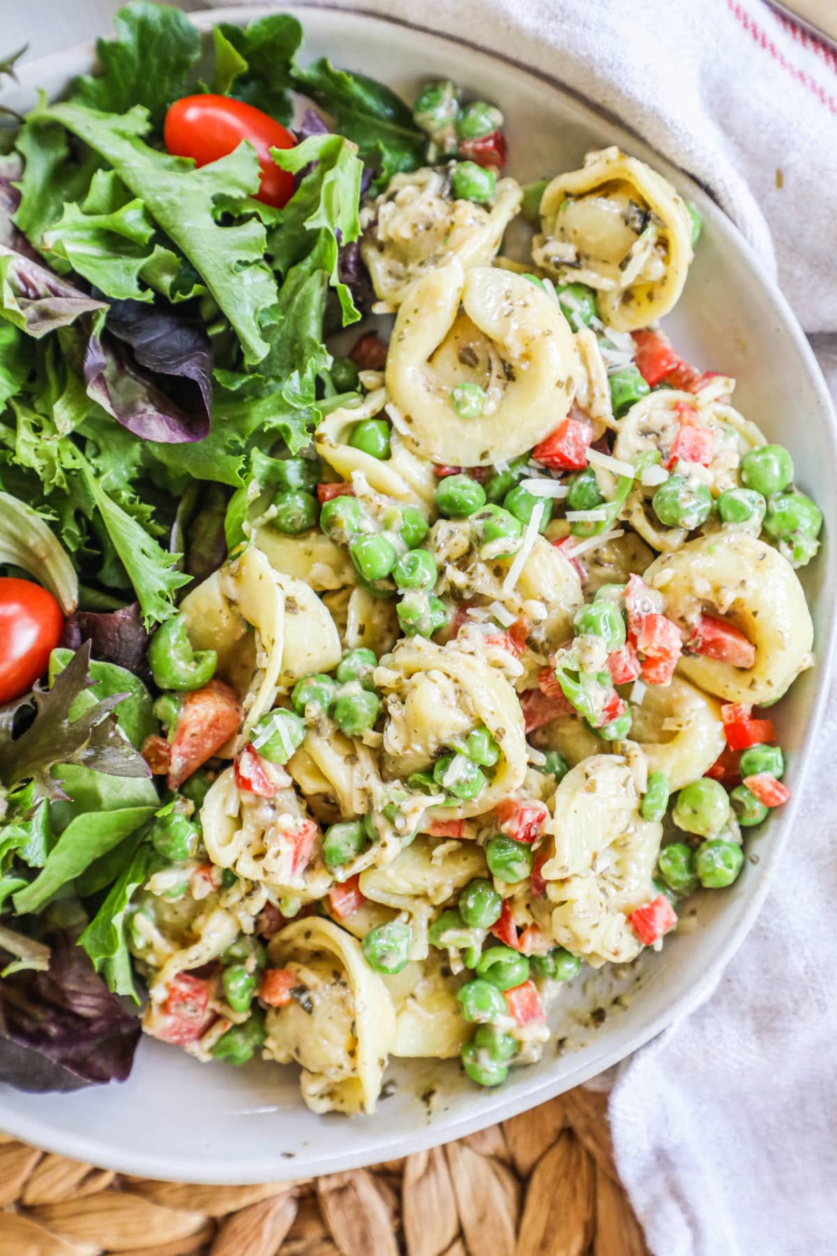 Bow of Tortellini Pasta Salad with Pesto ready to be served