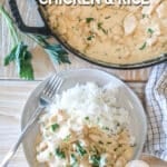 Large pan of smothered chicken. Individual serving of smothered chicken with rice, on a white dish. All on a wooden background with fresh herbs.