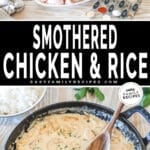Two images of smothered chicken and rice. Top photo has ingredients needed to make recipe. Bottom photo has large pan of completed recipe.