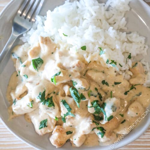 Individual serving of smothered chicken with rice, on a white dish. On a wooden background with fresh herbs.