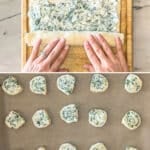 Four steps for making Spinach feta puff pastry swirls. 1. spinach, feta,cream cheese & seasonings combined into a glass bowl. On a wooden board. 2. Spread mixture on puff pastry, then roll into log. 3. Slice into swirls and lay on parchment paper lined baking sheet. 4. Bake in oven.