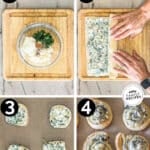 Four steps for making Spinach feta puff pastry swirls. 1. spinach, feta,cream cheese & seasonings combined into a glass bowl. On a wooden board. 2. Spread mixture on puff pastry, then roll into log. 3. Slice into swirls and lay on parchment paper lined baking sheet. 4. Bake in oven.