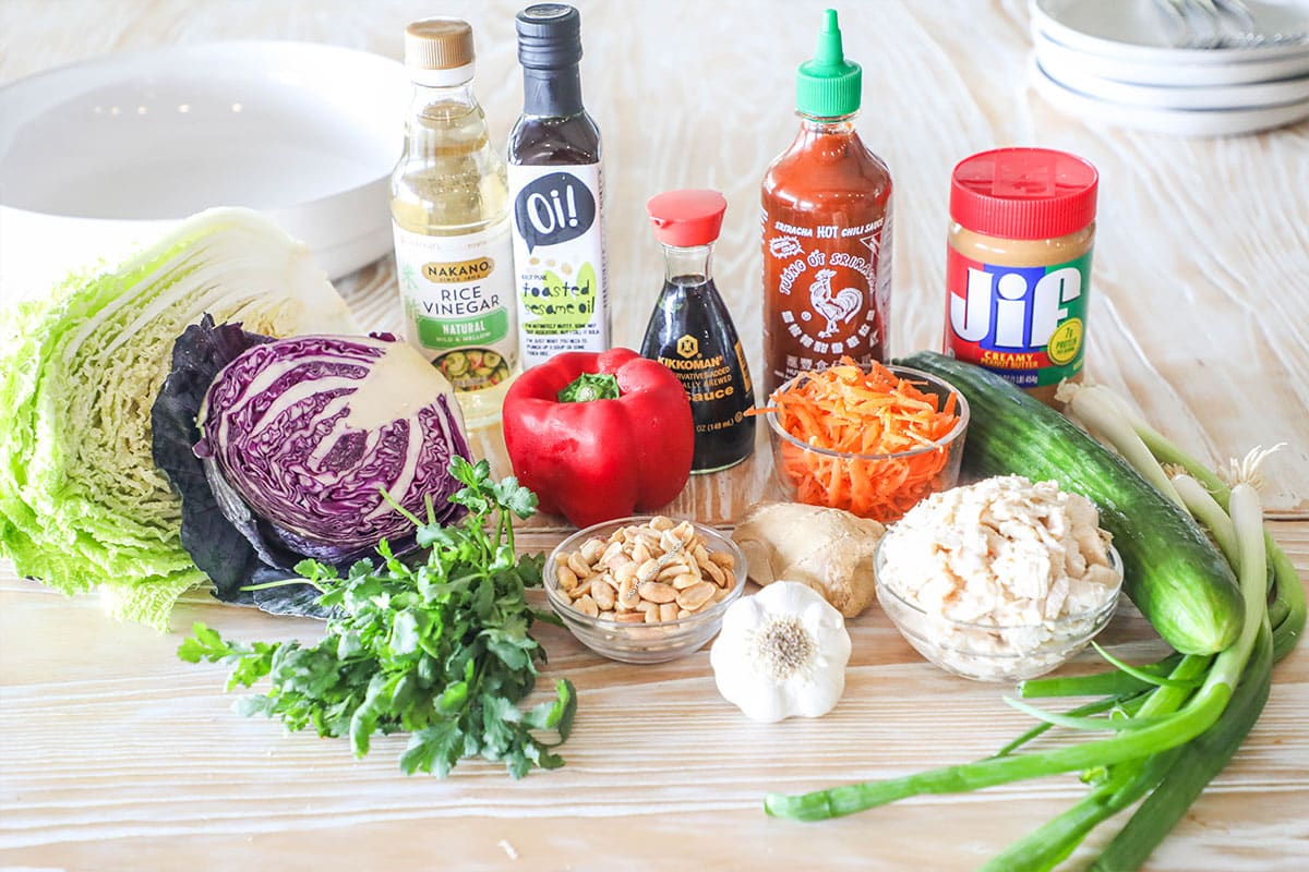 Ingredients needed to make Thai Style Chicken Salad with Peanut Dressing.