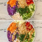 Four steps for making Thai Style Chicken Salad with Peanut Dressing.