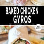 Two photos of baked chicken gyros, one of the ingredients needed and one of a gyro on a plate with chips.