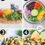 Labeled step by step photos for how to make black bean and corn salsa