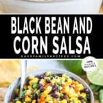 two images of black bean and corn salsa in white bowls