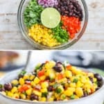 Labeled step by step photos for how to make black bean and corn salsa