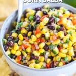 Close up of a bowl of corn and black bean salsa