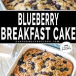 two images for breakfast cake, one with a slice being served and the other with a whole cake in a baking dish.