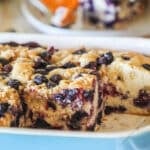 side view of breakfast cake in a baking dish.