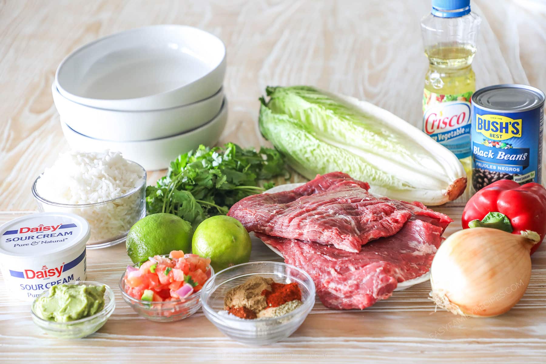 Ingredients needed to make carne asada bowls.