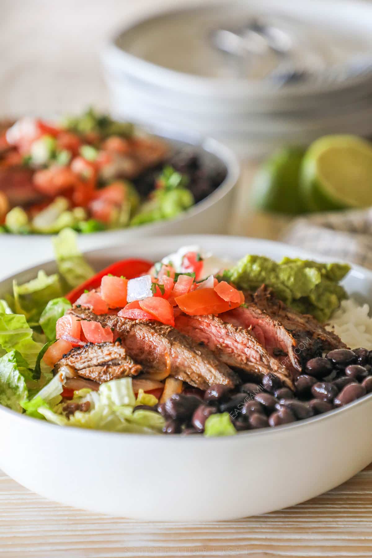 Side view of an assembled carne asada bowl.