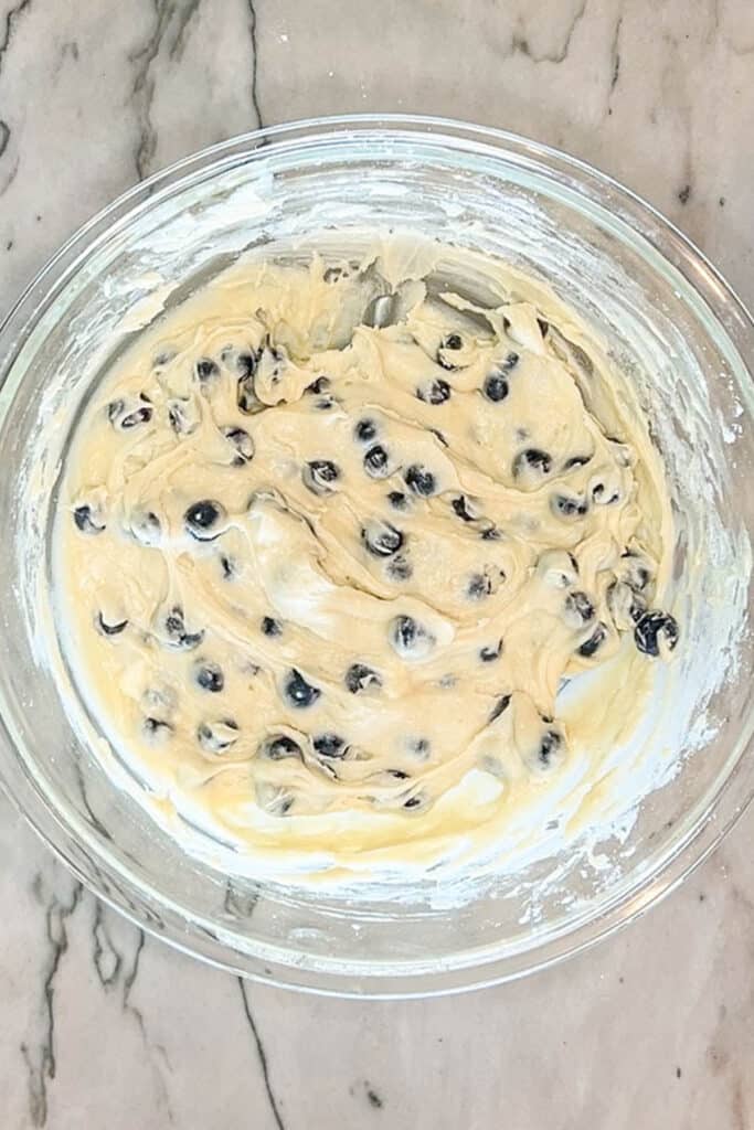 blueberry breakfast cake batter in a bowl.