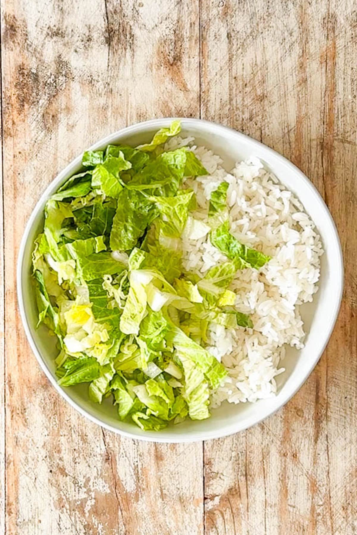 Assembling the carne asada bowls with rice and lettuce.