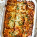 Overhead shot of million dollar ravioli sliced into squares.