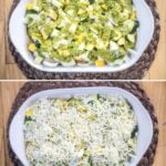 Process shots for how to make Zucchini Chicken Casserole including chicken breast, zucchini, squash, onion, cheese, and pesto