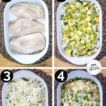Process shots for how to make Zucchini Chicken Casserole including chicken breast, zucchini, squash, onion, cheese, and pesto
