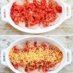Four images, showing set by step of preparing cheesy rotel chicken bake