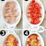 Four images, showing set by step of preparing cheesy rotel chicken