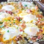 closeup of a baking pan filled with breakfast bake with hash browns.