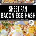 two images for bacon egg breakfast bake, one with bake in a pan and the other from above with a partially served egg bake.