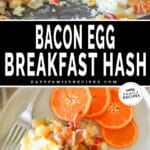 two images for bacon egg breakfast hash, one with hash in a pan and the other with hash served on a plate with orange slices.