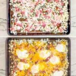 how to make breakfast hash, 1)layer potatoes o'brien on a baking sheet, 2)add bacon and bake 3)add eggs and cheese, 4)bake and serve!