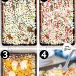 how to make breakfast hash, 1)layer potatoes o'brien on a baking sheet, 2)add bacon and bake 3)add eggs and cheese, 4)bake and serve!