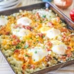 a baking dish filled with breakfast hash browns.