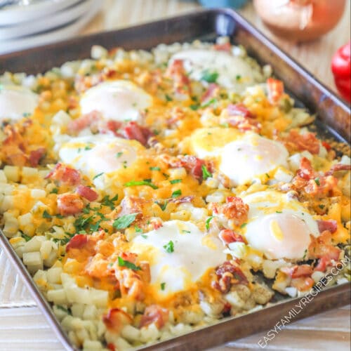 a baking dish filled with breakfast hash browns.