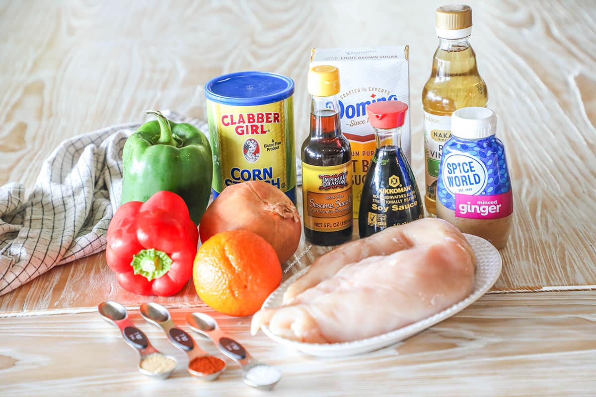 Ingredients needed to make sheet pan orange chicken
