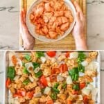 Images of four steps for making sheet pan orange chicken
