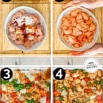 Images of four steps for making sheet pan orange chicken