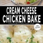 two images for easy cheesy chicken bake, one with a plate of chicken served with a side salad and the other with cheesy chicken breasts in a baking dish.
