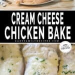 two images of baked cheesy chicken, one with ingredients needed and the other with chicken breasts in a baking dish from above.