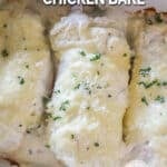 above image of a baking dish with three slices of chicken topped with cream cheese sauce and cheese.
