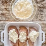 how to make cream cheese chicken bake 1)add cream cheese sauce ingredients to a bowl, 2)mix until smooth, 3)add chicken to a baking dish and top with cream cheese mixture, 4)top with cheese, bake, and serve.